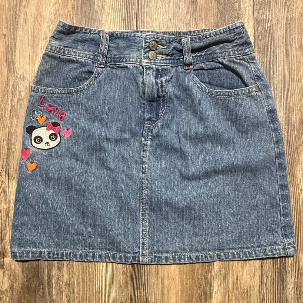 Gymboree Girls Blue Denim Panda Heart Embroidered Mini Skirt Size 10 Y2K Kids